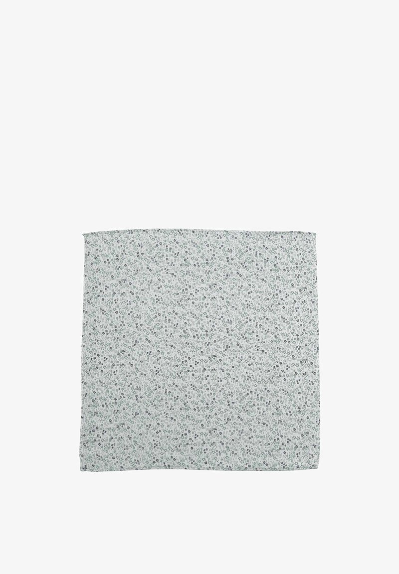 Floral scarf in light green, featuring small printed flowers in darker shades. Soft fabric with a smooth texture and square shape.