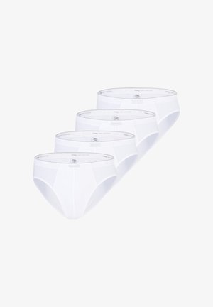 Fire hvide bomuldsmands trusser med elastiske taljebånd mærket "mey dry cotton", stablet diagonalt på en hvid baggrund.