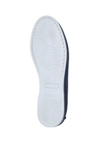 Dunkelblaue Schuhe mit einer flexiblen Gummisohle. Die Sohle hat eine strukturierte weiße Unterseite mit Grip-Mustern für Traktion und Haltbarkeit.