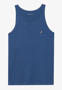 Canotta in cotone blu con scollatura rotonda e design senza maniche. Presenta un piccolo logo ricamato in oro nella zona sinistra del petto.