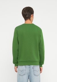 Πράσινο φούτε�ρ με στρογγυλή λαιμόκοψη και μακριά μανίκια, φτιαγμένο από μαλακό ύφασμα. Η πίσω όψη δείχνει απλό και καθαρό σχέδιο με ριμπ μανσέτες.