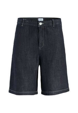 Short en denim bleu foncé avec fermeture par bouton, passants de ceinture et coutures blanches le long des coutures et de l'ourlet.