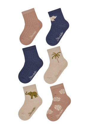 Set aus sechs Kindersocken in verschiedenen Farben: Beige, Dunkelblau und Hellbraun, mit gerippter Struktur und verspielten Tier- und Pflanzenmustern.