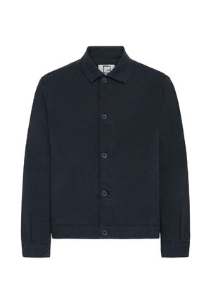 Marineblauw jasje met knopen, gemaakt van stevige stof. Voorzien van een kraag, lange mouwen en zes knopen aan de voorkant. Eenvoudig, strak ontwerp.