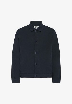 Marineblauw jasje met knopen, gemaakt van stevige stof. Voorzien van een kraag, lange mouwen en zes knopen aan de voorkant. Eenvoudig, strak ontwerp.