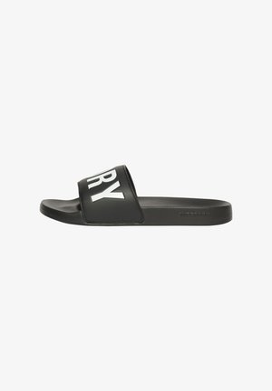 Black slide sandal with a wide strap featuring bold white lettering. Smooth texture, lightweight design, and a flat sole for comfort.