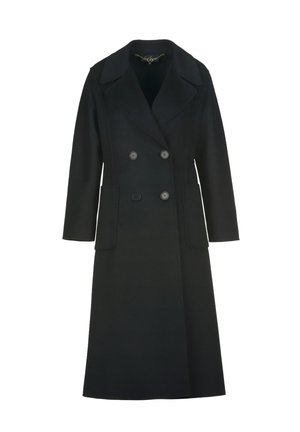 Black double-breasted coat with a notched collar, long sleeves, side pockets, and five large buttons made from a textured fabric.