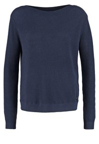 Pull en tricot bleu marine avec un large décolleté et des manches longues. Design texturé côtelé avec un ourlet droit et un détail de logo subtil.