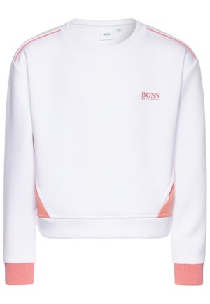 Biała bluza wykonana z miękkiej tkaniny, z różowymi akcentami na ramionach i bokach, ze ściągaczami na mankietach oraz małym logo na piersi.