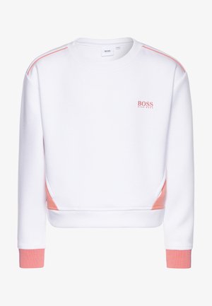 Biała bluza wykonana z miękkiej tkaniny, z różowymi akcentami na ramionach i bokach, ze ściągaczami na mankietach oraz małym logo na piersi.