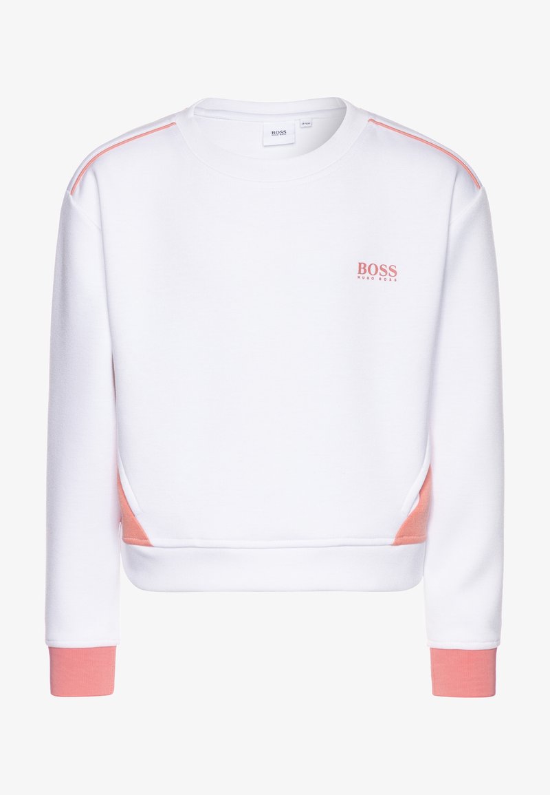 Sweat-shirt blanc en tissu doux, avec des accents roses sur les épaules et les côtés, des poignets côtelés et un petit logo sur la poitrine.