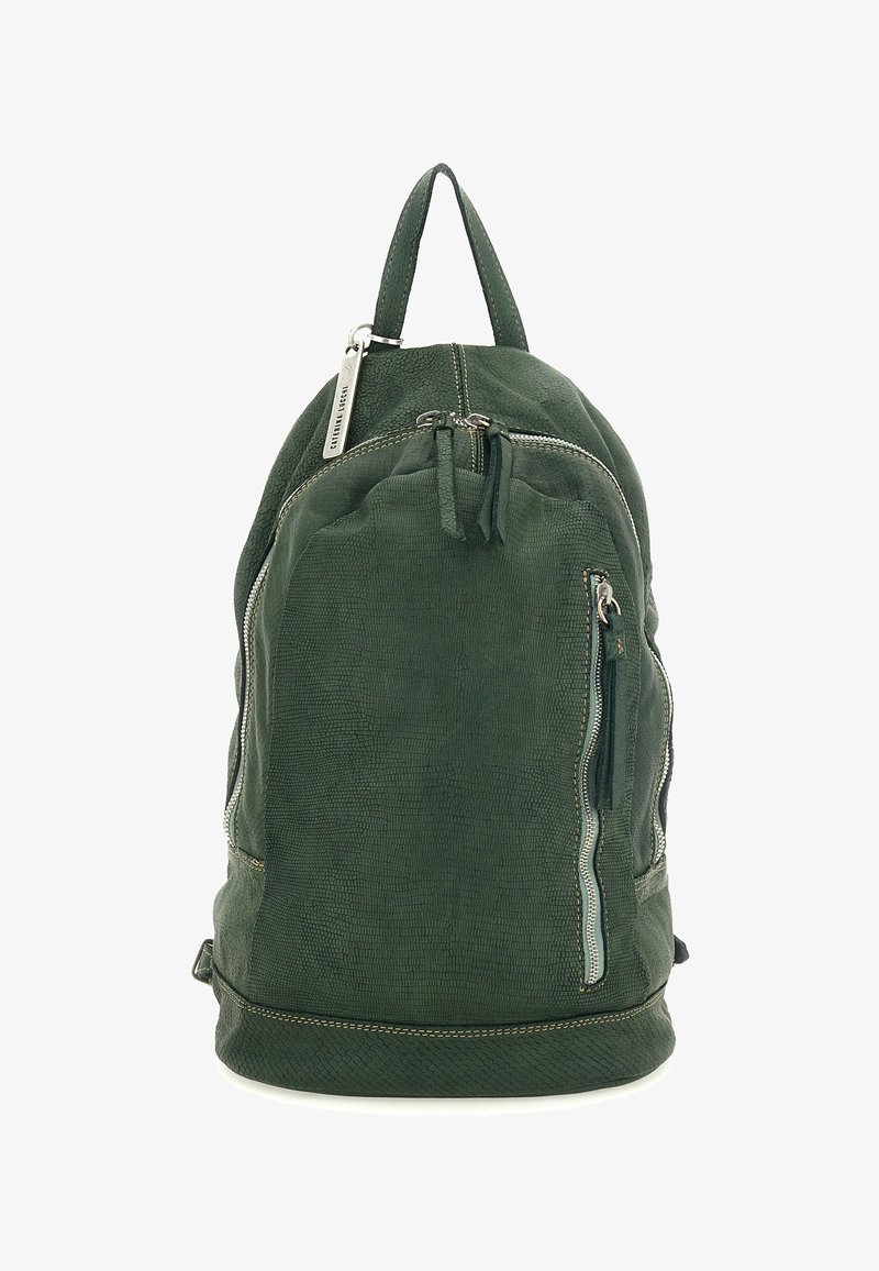 Zaino verde con trama, dotato di scomparti con cerniera, spallacci regolabili e maniglia superiore. Presenta ferrature metalliche e cuciture a contrasto.