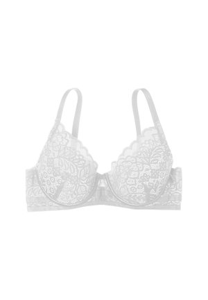 Light gray lace bra with scalloped edges, padded cups, adjustable straps, and decorative band. Floral pattern overlay covers the cups.