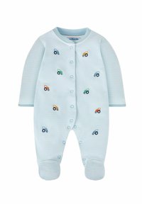 Blaue gestreifte Babystrampler mit gestickten Traktoren in Orange, Grün und Blau, mit Druckknöpfen vorne und Füßchen.