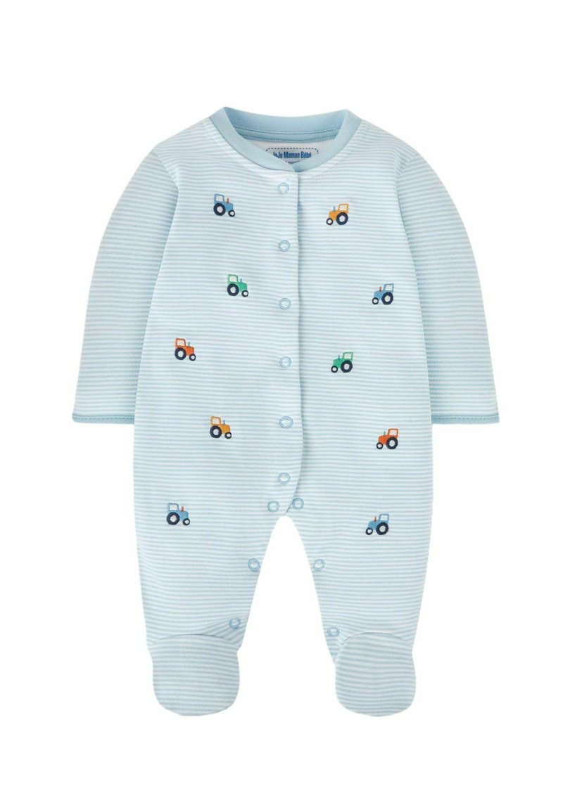 Blaue gestreifte Babystrampler mit gestickten Traktoren in Orange, Grün und Blau, mit Druckknöpfen vorne und Füßchen.