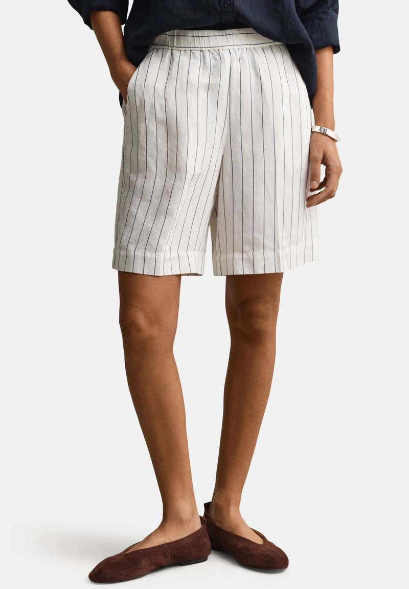 Shorts blancs longueur genou avec fines rayures verticales noires, poches latérales, portés avec un haut sombre, des ballerines marron et un bracelet argenté au poignet droit.