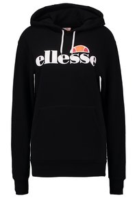 Sweat-shirt noir avec capuche à cordon de serrage, grand logo blanc « ellesse » sur la poitrine et poche kangourou à l'avant. Matière douce en mélange de coton.
