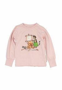 Light pink long-sleeve shirt featuring a cartoon cat with a green skirt, standing beside a toy cart and tools. Soft cotton material.