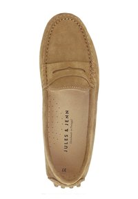 Light brown suede moccasin shoe with a stitched design on the vamp, a padded insole, and rubber dots on the sole for grip.
