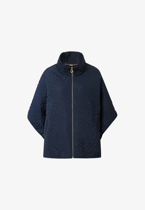 Marineblå quiltet jakke med høj krave, guldlynlås, subtilt tekstureret bladmotiv og vide ærmer med knaplukning ved manchetterne.