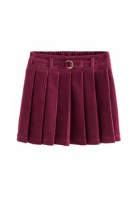 Jupe en velours côtelé d'un rouge bourgogne profond, présentant des plis, une taille ceinturée avec une boucle en argent et une finition texturée.