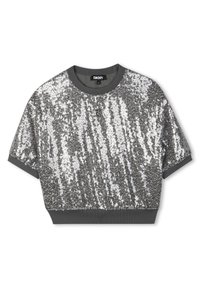 Korte mouwen cropped top met een zilveren sequin ontwerp op een grijze basis, voorzien van een ronde halslijn en contrasterende grijze biezen bij de mouwen en onderrand.