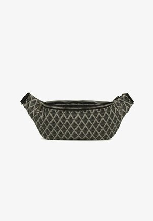 Sac banane en nylon noir et gris géométrique, avec une fermeture éclair et une sangle ajustable avec des accessoires en plastique.
