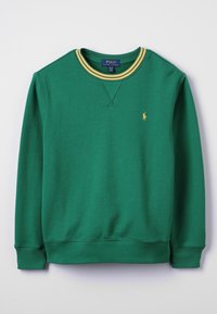 Grön sweatshirt i bomullsmix, med en ribbad gul krage, långa ärmar och en liten guldfärgad logotyp på bröstet.