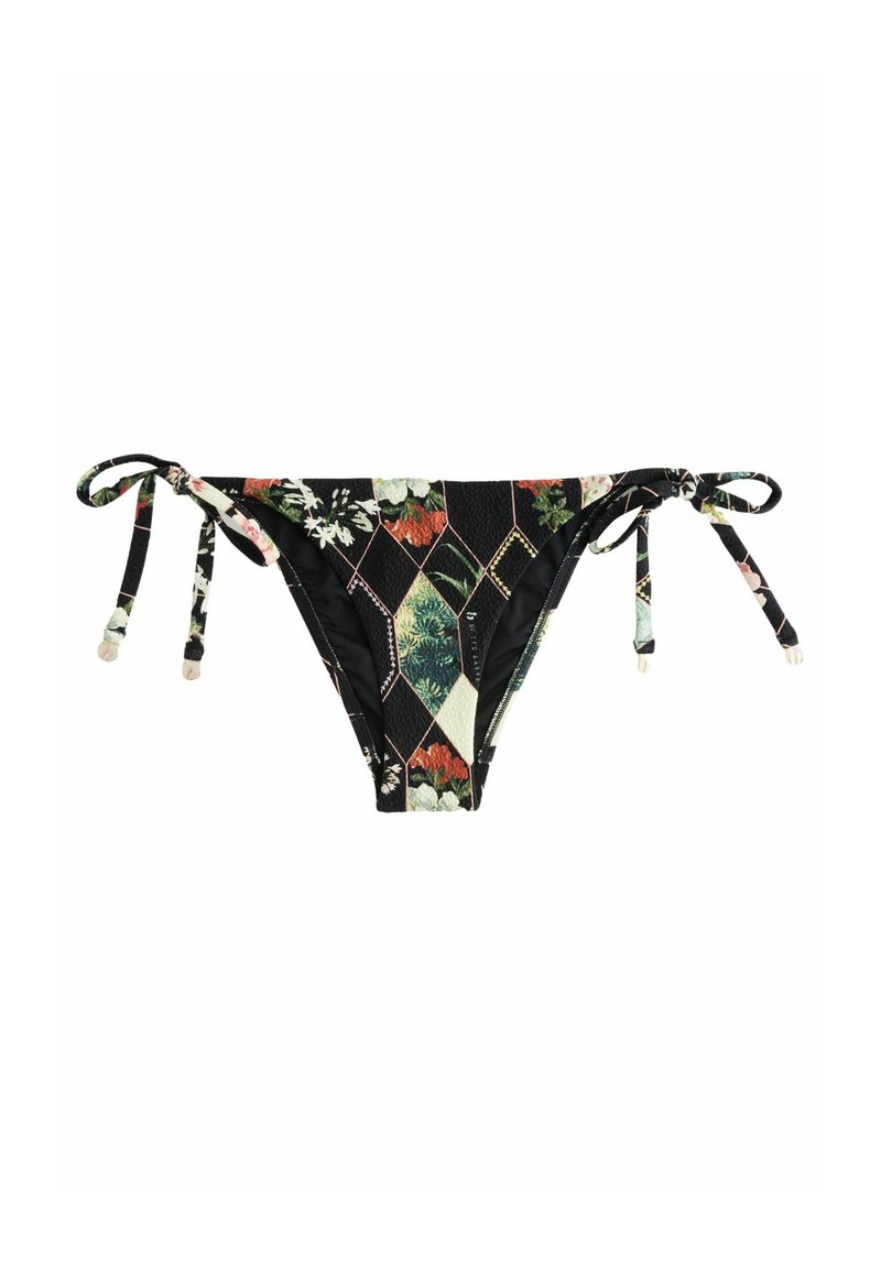 Bikini spodný diel s čiernym kvetinovým vzorom na texturovanej látke, so šnúrkami na viazanie po stranách a dekoratívnymi korálkami na koncoch.