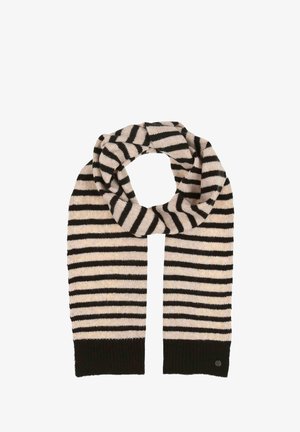 Kötött sál váltakozó fekete és világos bézs csíkokkal, szilárd sötét bézs bordás szegéllyel és egy kis logódetaillal.