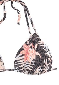 Bloemige triangle bikini-top met zwarte, witte en perzikkleurige patronen; verstelbare banden; geplisseerde stof; bevat luipaard- en tropische loofmotieven.