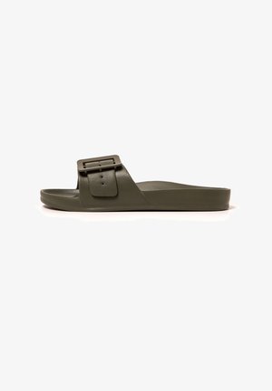 Olive green slide sandal made of rubber-like material, featuring a wide strap with a square buckle and a smooth, contoured footbed.