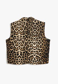 Top senza maniche con stampa leopardata, caratterizzato da una texture morbida, una combinazione di colori nero e beige, e un dettaglio di chiusura con bottone sul retro.
