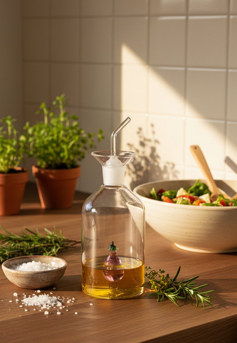 Szklany dozownik na olej z ziołami w środku, miska z gruboziarnistą solą, świeże zioła oraz miska z mieszanką sałaty na drewnianym blacie kuchennym.