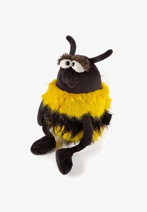 Plush bee toy with large eyes, thick brown eyebrows, yellow and black fuzzy body, smiling face, and seated position against white background.