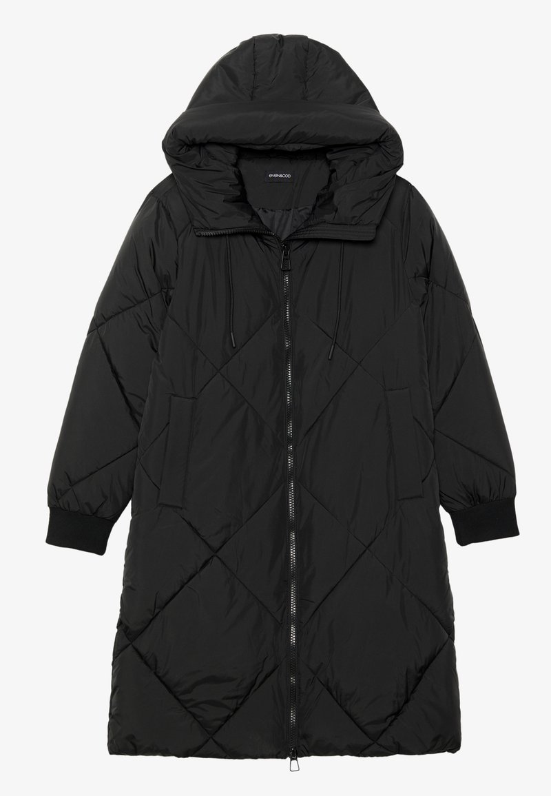 Geacă puffer neagră, matlasată, cu glugă, având închidere cu fermoar, buzunare laterale și manșete elastice. Material neted, rezistent la apă.