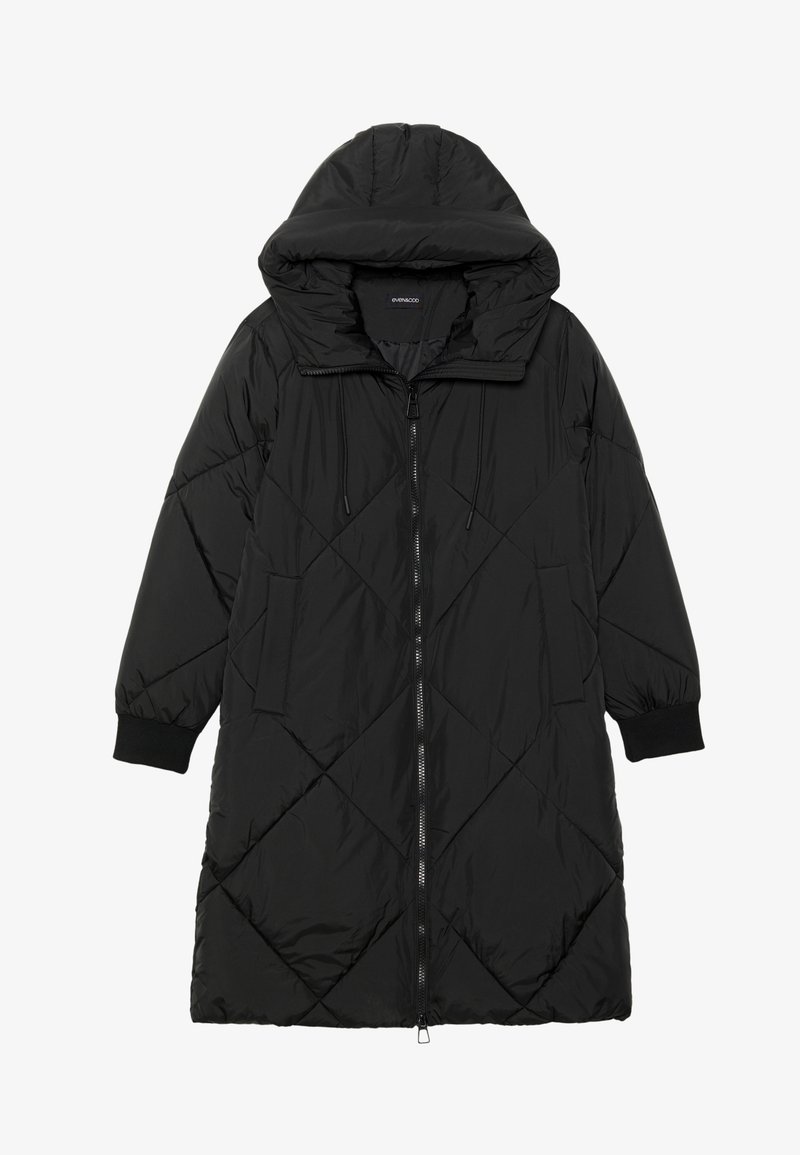 Geacă puffer neagră, matlasată, cu glugă, având închidere cu fermoar, buzunare laterale și manșete elastice. Material neted, rezistent la apă.