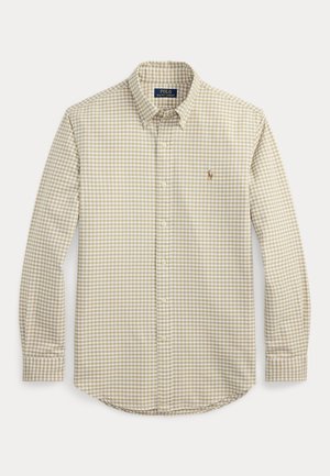 Hosszú ujjú bézs-fehér kockás, gombos ing gombos gallérral és kis hímzett logóval a mellrészen.