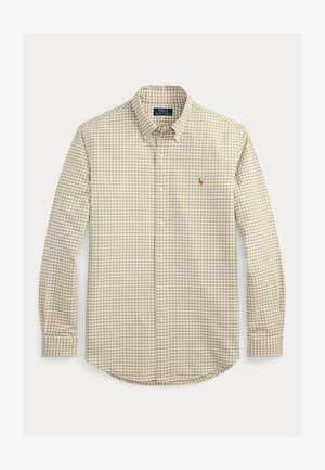 Beige-weiß kariertes Hemd mit langen Ärmeln, durchgehender Knopfleiste, Button-Down-Kragen und kleinem gesticktem Logo auf der Brust.