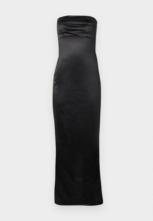 Juoda diržų neturinti maksi suknelė su aptempta siluetu, pagaminta iš glotnios medžiagos, kurios bodis šiek tiek rauk šlėtas ir turi tiesią apatinę kraštinę.