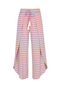 Gestreepte wijde broek in pastelkleuren, met een trekkoordzoom met franjes en open zijslits voor gemakkelijke beweging.