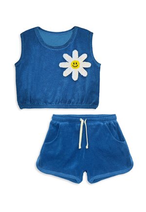 Blå ærmeløs top med elastisk kant og matchende shorts med hvid snor, blødt stof, marguerit med smilende ansigt på toppen.