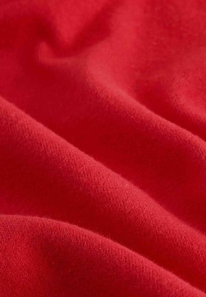 Roter Stoff mit einer weichen, glatten Textur, der subtile Falten und Tiefe zeigt und auf ein leichtes, flexibles Material hinweist.