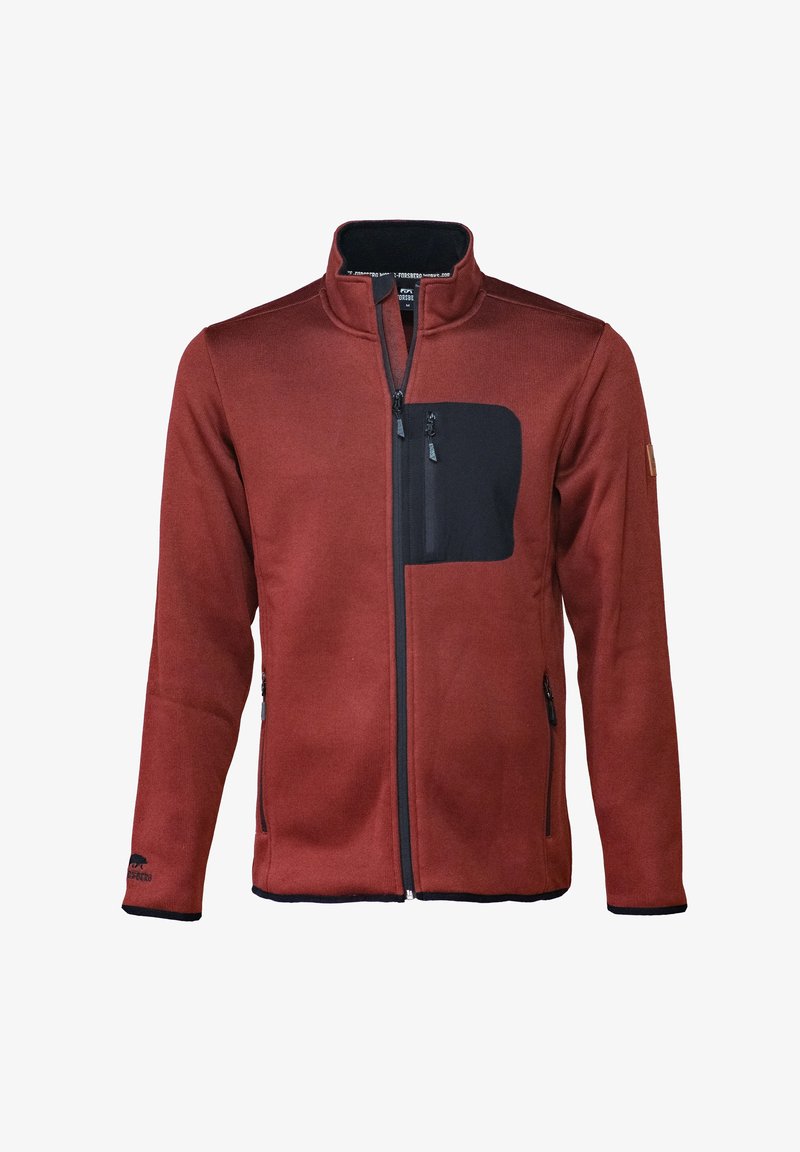 Rote Fleecejacke mit einer schwarzen, mit Reißverschluss versehenen Brusttasche, kontrastierendem schwarzen Reißverschluss und elastischen Manschetten. Auffällige Markenkennzeichnung auf dem linken Ärmel.