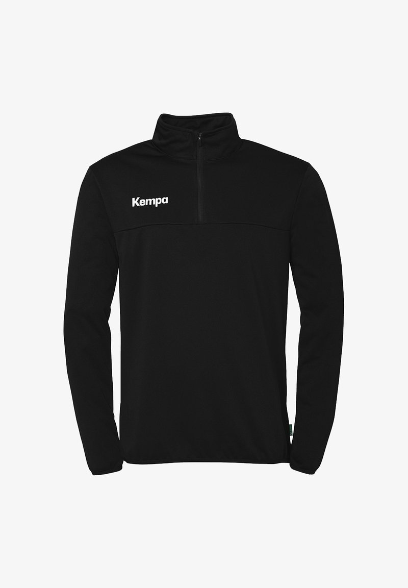 Sort fleece pullover med en kvart lynlåskrave, som har et hvidt "Kempa" logo på brystet og lange ærmer. Glat tekstur og atletisk pasform.