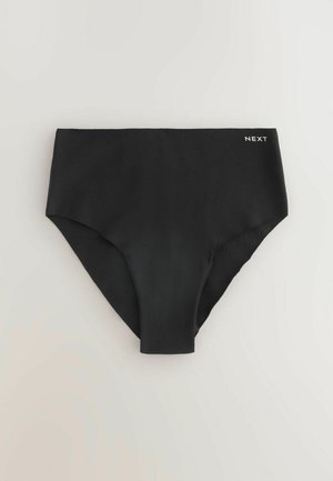 Hoge taille zwarte bikini onderkant met een gladde, rekbare stof. Subtiel merkimpressie "NEXT" gedrukt op de taille aan de rechterkant.
