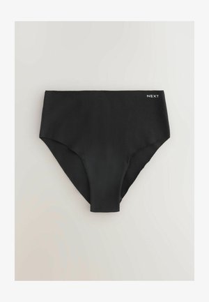 Højtaljet sort bikiniunderdel med et glat, strækbart materiale. Subtilt brandlogo "NEXT" trykt ved taljen på højre side.