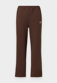 Brown elastic waist straight-leg pants with small pink "the new originals" text on upper left thigh.