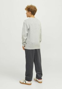 Ljusgrå sweatshirt med långa ärmar, rund halsringning och sidoklyftor, i kombination med mörkgrå träningsoverallsbyxor och krämfärgade sneakers med gröna accenter.