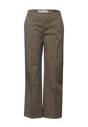 Pantalon marron droit avec fermeture à bouton et fermoir éclair, passants de ceinture et poches avant, présenté sur un fond blanc.